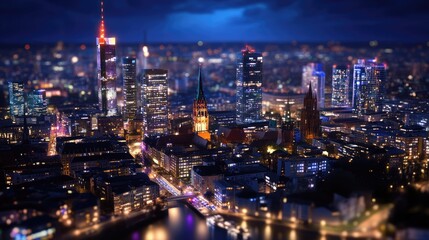 Obraz premium Stunning Aerial View of Frankfurt Skyline at Night with Illuminated Buildings