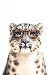Obraz premium Snow leopard wearing stylish glasses against a white background, unique animal portrait, wildlife photography, creative concept, trendy animal art.