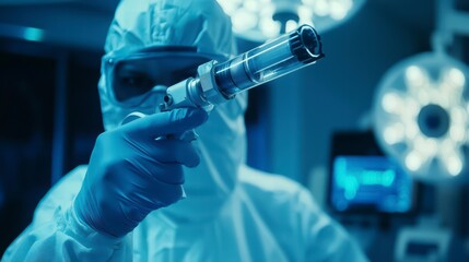 Innovation in the Lab: a scientist in a protective suit examines a glass tube in the modern laboratory environment, showcasing scientific advancements and medical research.