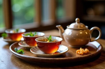 Enjoying a traditional tea experience with freshly brewed tea and mint leaves