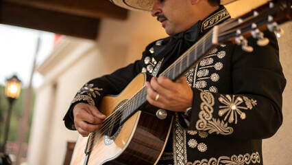 Fototapeta premium Mariachi musician passionately playing a classical guitar in intricate charro suit with silver embroidery, warm lighting