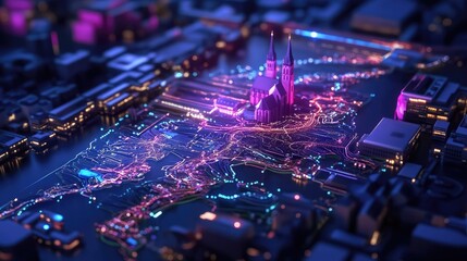 Futuristic Cityscape with Neon Lights and Artistic Structures