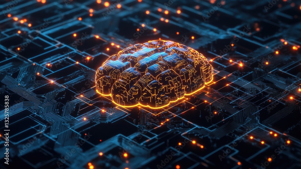 Poster futuristic digital brain with glowing circuitry and data connections