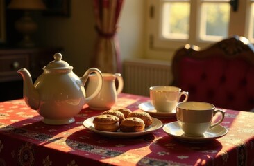 Fototapeta premium Elegant afternoon tea setup with pastries in a cozy setting