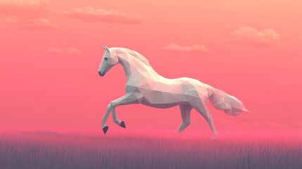 White Horse Running Through Pink Field at Sunset