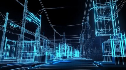 Electric Substation Blueprint with Glowing Lines Showing Power Grid Design