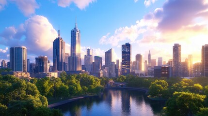 Fototapeta premium Stunning Urban Landscape View of City Skyline at Sunset