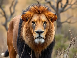 Fototapeta premium Majestic Lion Portrait King of the Savannah, Powerful Male in Natural Habitat, Wildlife Photography, Close-up.