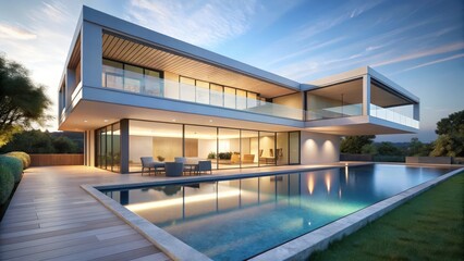 Obraz premium Modern villa with sleek lines and minimalist design, featuring large windows and sliding glass doors leading to an infinity pool , Luxurious villa, Contemporary design