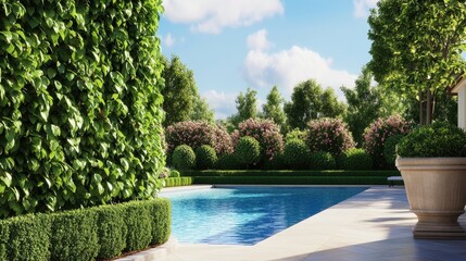 Serene Backyard Oasis with Lush Greenery and Swimming Pool