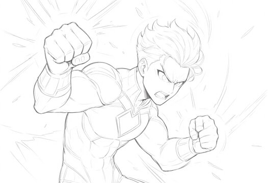Dynamic Anime Sketch of a Superhero Punching. A detailed sketch showcasing a dynamic superhero character in a powerful punching pose