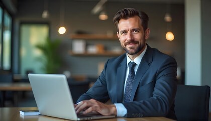 Focused Business Professional at Desk: A sharply dressed business person, engrossed in their work at a sleek desk, looks directly at the camera with a calm and confident expression.