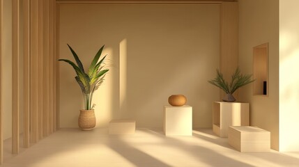 Fototapeta premium Minimalist interior design featuring natural elements and soft lighting in a serene space