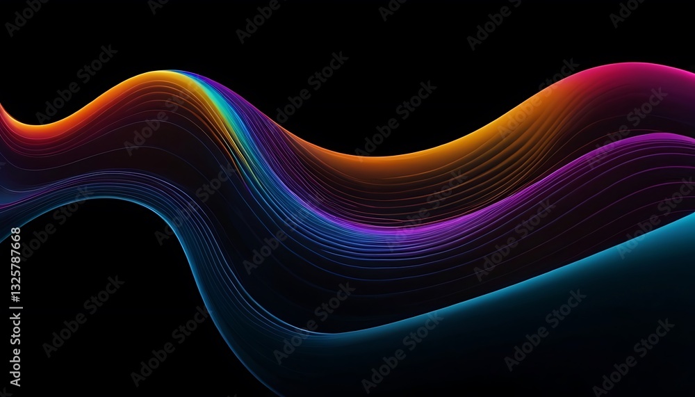 Poster fluid 3d renders holographic iridescent neon curved waves in motion on a dark background. gradient d