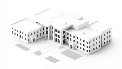 Fototapeta premium Abstract white 3D architecture model, representing a hospital or medical center, with a central entrance, surrounding wings, and a clean aesthetic