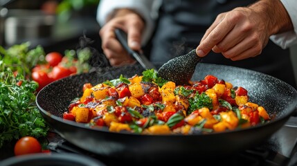 Chef preparing a colorful vegetable stir-fry in a black pan.