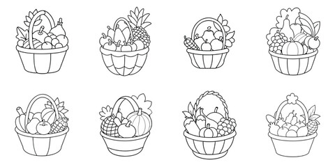 Line Art Harvest Baskets with Fruits and Vegetables Set. Outline Drawings for Autumn, Thanksgiving, and Healthy Food.