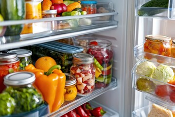 Busy home refrigerator with an overwhelming mix of leftovers, fresh produce, beverages, and random food jars, representing everyday food storage challenges