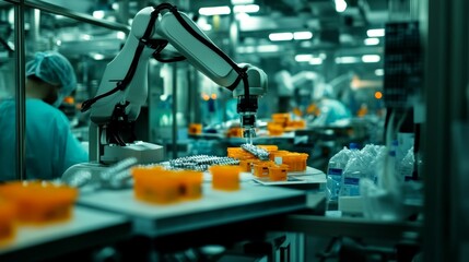 Fototapeta premium Robotic arm placing product in factory setting, with blurred background