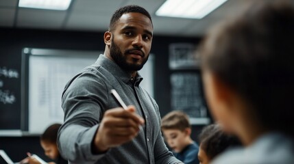 Obraz premium Dedicated teacher engages with students in a modern learning environment