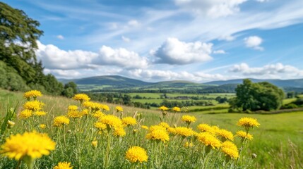 Obraz premium Bright Yellow Dandelions Against a Scenic Green Landscape