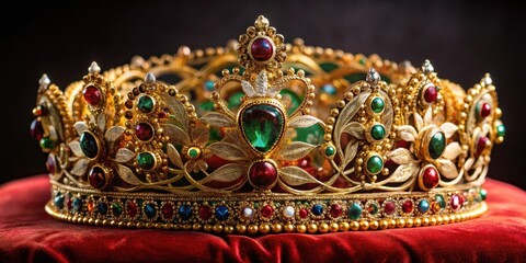Obraz premium Regal headpiece adorned with intricate gold filigree and precious gems atop a velvet cushion, jewel-encrusted , luxurious fabric