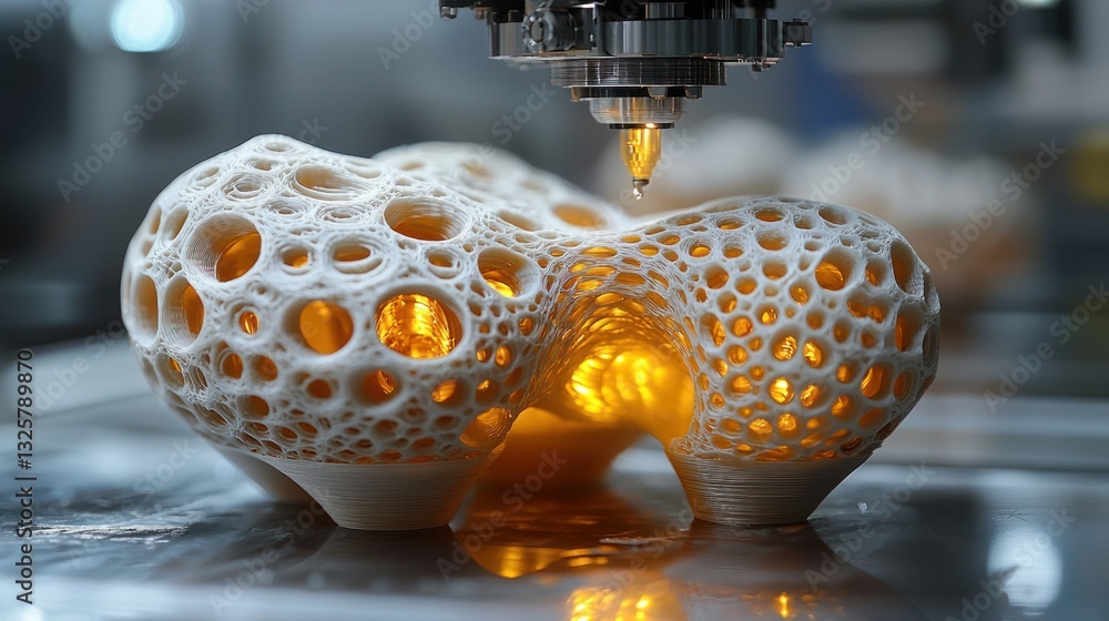 Poster 3d printer creating intricate, porous, white object with internal illumination.