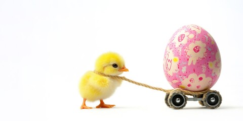 happy easter concept holiday greeting card - cute chick with easter egg, isolated on white background