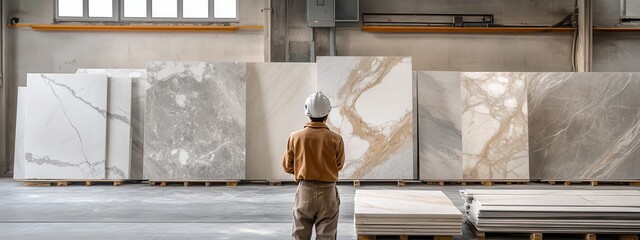 Worker in a factory inspecting large marble slabs for quality.