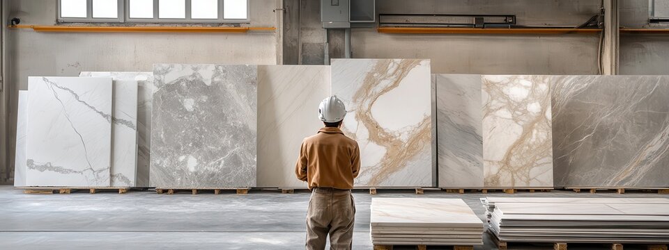 Worker in a factory inspecting large marble slabs for quality.