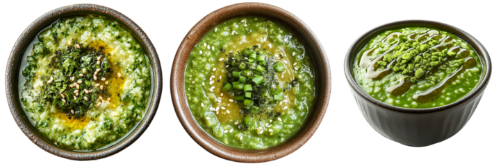 Three bowls of green soup with toppings, presented on a transparent background.