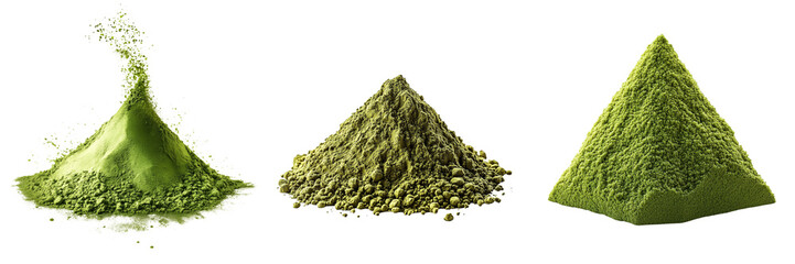 Piles of vibrant green powder shaped in cones against a transparent background.