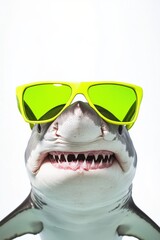 Shark wearing neon sunglasses posing for the camera, playful ocean animal image, marine life photography, vibrant underwater scenes, beach vibes.