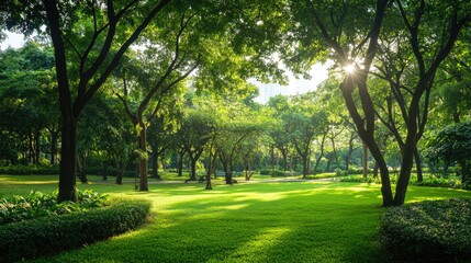 Fototapeta premium Lush Green Park with Sunlight Filtering Through Trees in Urban Setting