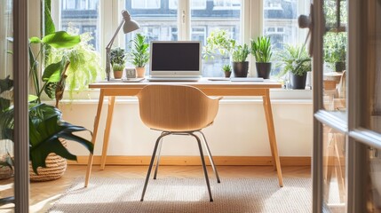 Fototapeta premium Bright and Airy Home Office with Plants and Natural Light