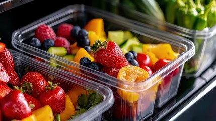 Fototapeta premium Bright and colorful refrigerator interior neatly packed with transparent food storage containers, filled with fresh vegetables and fruits for meal prep efficiency