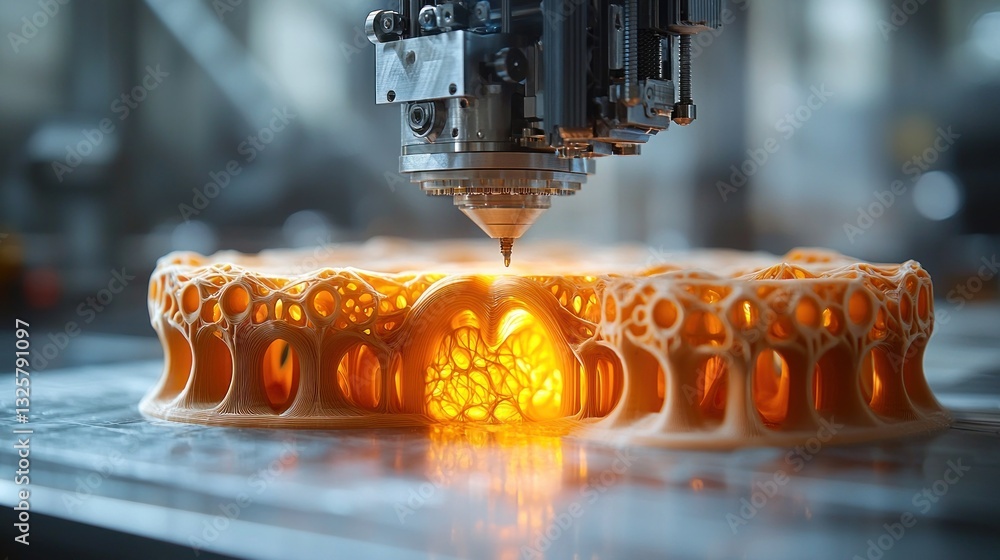 Poster 3d printer creating intricate orange object.