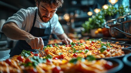 Chef plating pasta in restaurant kitchen.