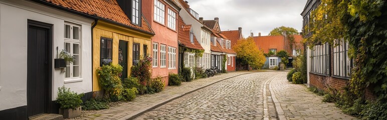 Naklejka premium Charming cobblestone street lined with colorful traditional houses on a cloudy day.