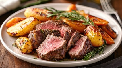 Deliciously Cooked Beef Steak with Roasted Vegetables on Plate