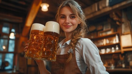 A cheerful German waitress in a traditional dirndl carrying multiple beer mugs in a festive setting 