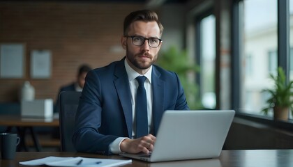 Focused Professional at Work: A sharp image capturing a focused businessman engrossed in his work. He's sitting at a desk with a laptop.