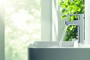 Fototapeta premium Bright and clean bathroom interior featuring a polished silver tap with water flowing smoothly into a stylish white basin