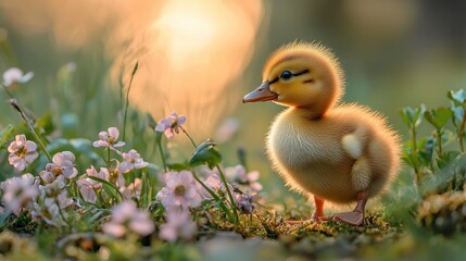 Obraz premium Cute fluffy duckling standing in flowers at sunset.