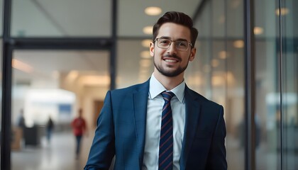Fototapeta premium Poised Professional: A confident man in a well-tailored suit, complete with spectacles, stands in a brightly lit, contemporary hallway. This image is a testament to professional excellence.