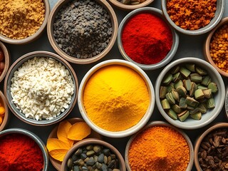 Assortment of Colorful Spices in Bowls, Culinary Ingredients, Seasonings, Food Texture, Overhead View.
