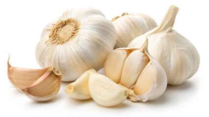 Fototapeta premium Whole Garlic Bulbs and Peeled Cloves, Isolated on a White Background, Detailed Ingredient Photography Ideal for culinary branding and ingredient-focused photography.
