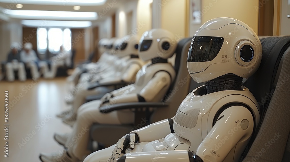 Poster row of humanoid robots sitting in chairs in a waiting room.