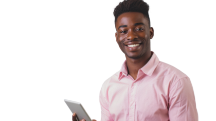 Smiling young man holding tablet with transparent background