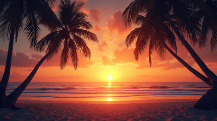 Silhouette of palm trees Beautiful sunset on the tropical sea beach background for travel